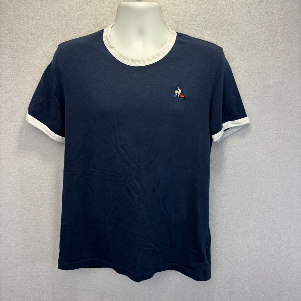 Le Coq Sportif Ringer T-Shirt Mens M Navy Blue Logo Stretch Cotton Tee Preppy